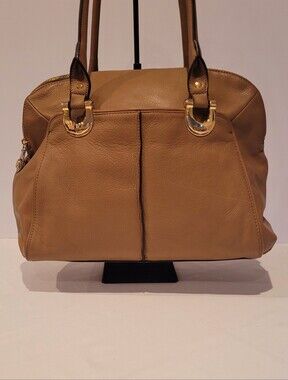 B. Makowsky Tan Leather Shoulder Bag with Gold Hardware